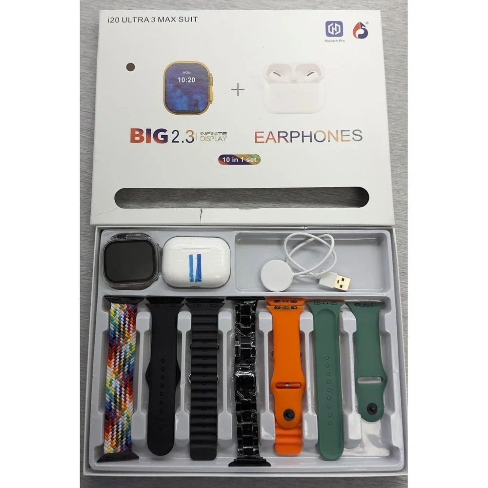 Hiwatch Pro i20 Ultra 3 Max Suit Smartwatch Bundle 49mm 7 Bands Earphones 10-in1